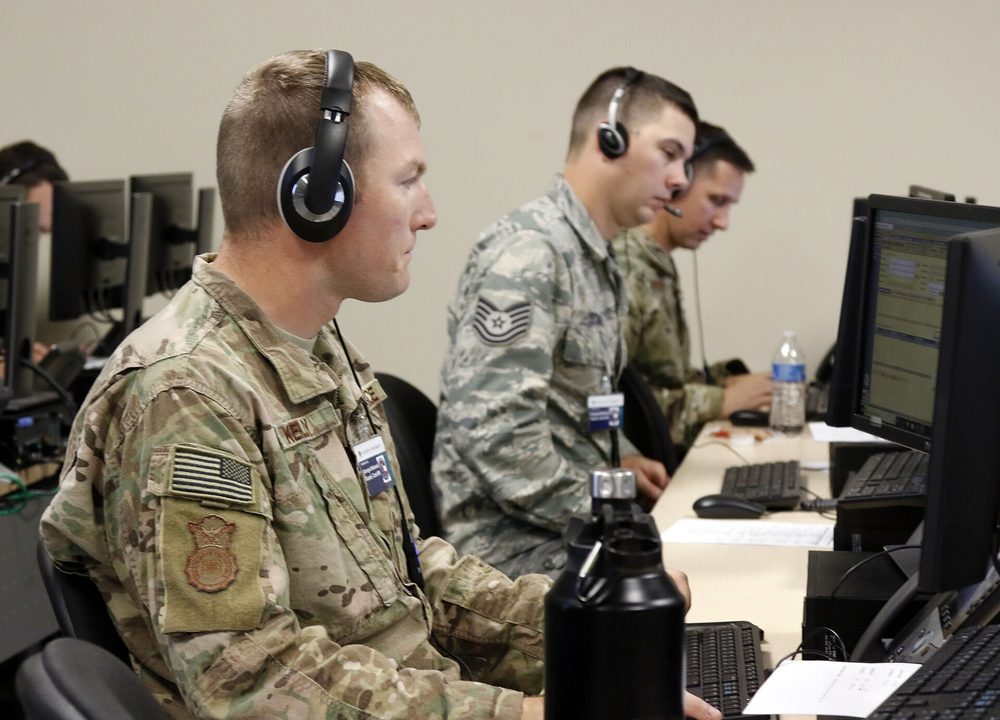 A headset at a call centre desk